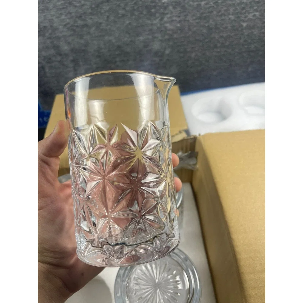 Set of 4 Cocktail Mixing Glass with Bar Spoons Diamond Cut Clear Glass‎ Set